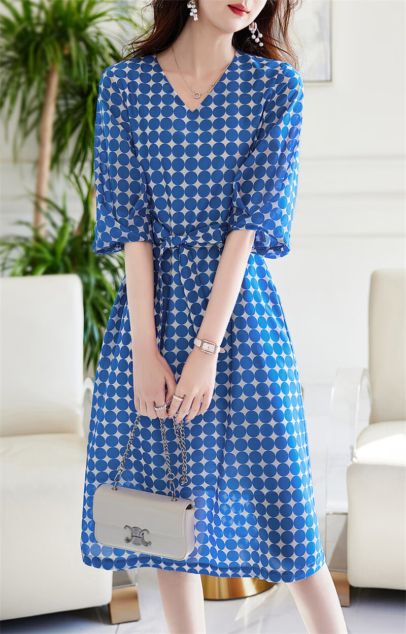 Dme Commuting Polka Dot Vintage Dress Summer V-Neck Lantern Sleeve Chiffon Mid-Length Dress for Women 17