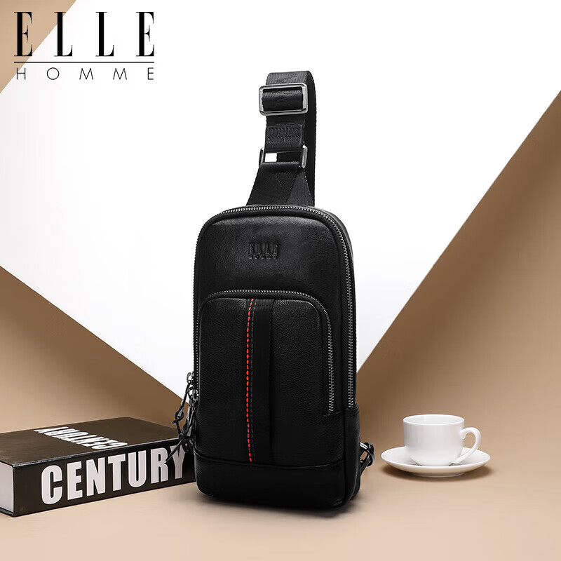 ELLE HOMME Fashion Men's Chest Bag, Casual Top-Grain Leather Shoulder Crossbody Bag, Trendy Men's Bag 04280 Black