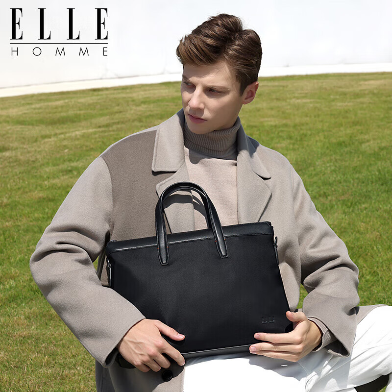 ELLE HOMME Business Men's Briefcase, Nylon Canvas Handbag, Crossbody 14-Inch Laptop Bag, 14610 Black