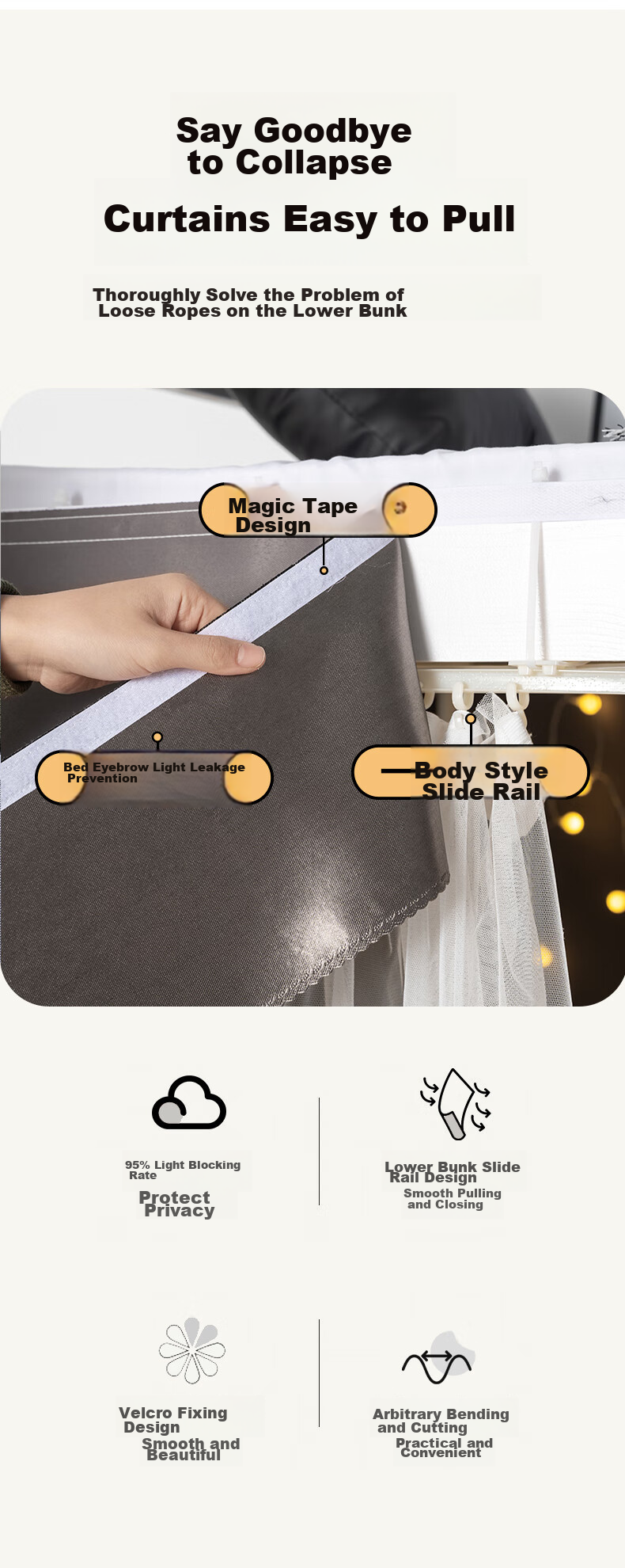 Yunjin Dormitory Bed Curtain Lower Bunk U-Shaped Sliding Rail Strong Light-Blocking Student Privacy Curtain Black Coal Ball/2 Pieces + Bed Rail 4