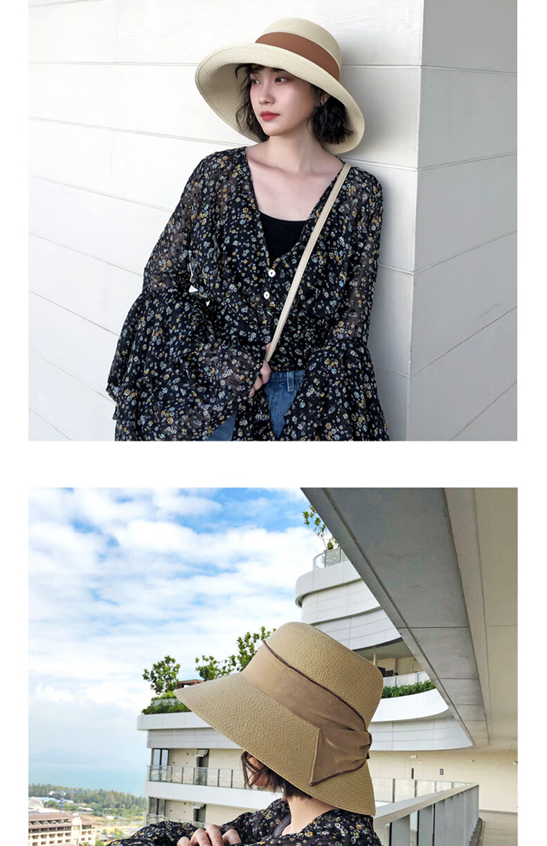 XUEXIMAN Women's Straw Hat Ins Style Summer Foldable Beach Hat Face Covering Sun Hat Bowknot Fisherman Hat Sunshade Hat Bucket Hat 9