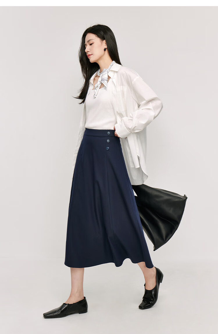 Inman Vintage Commuter Split Hem Cotton Mid-Length A-Line Skirt Autumn Women's Dark Blue - M 13