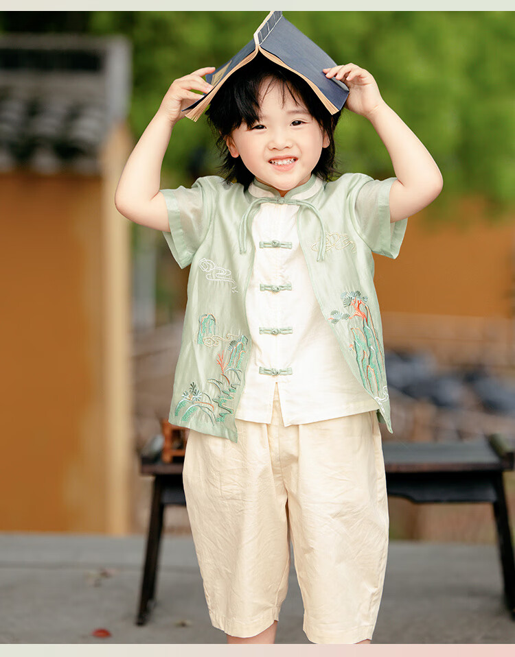 Menghu Xishan Hanfu Boys' 2026 New Tang Suit, Chinese Style New Children's Outfit, Green Top, Size 90 12