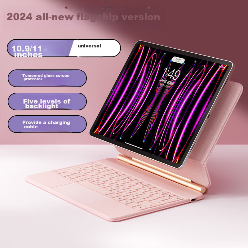 B.O.W Hangshi HB354 2026 Magic Control Keyboard, IPad Air 4/5 Protective Case, Air 6/7 Magnetic Shell, Floating 21/22 Pro 10.9/11 Inch, 64 Keys, Five-Level Backlight, Pink