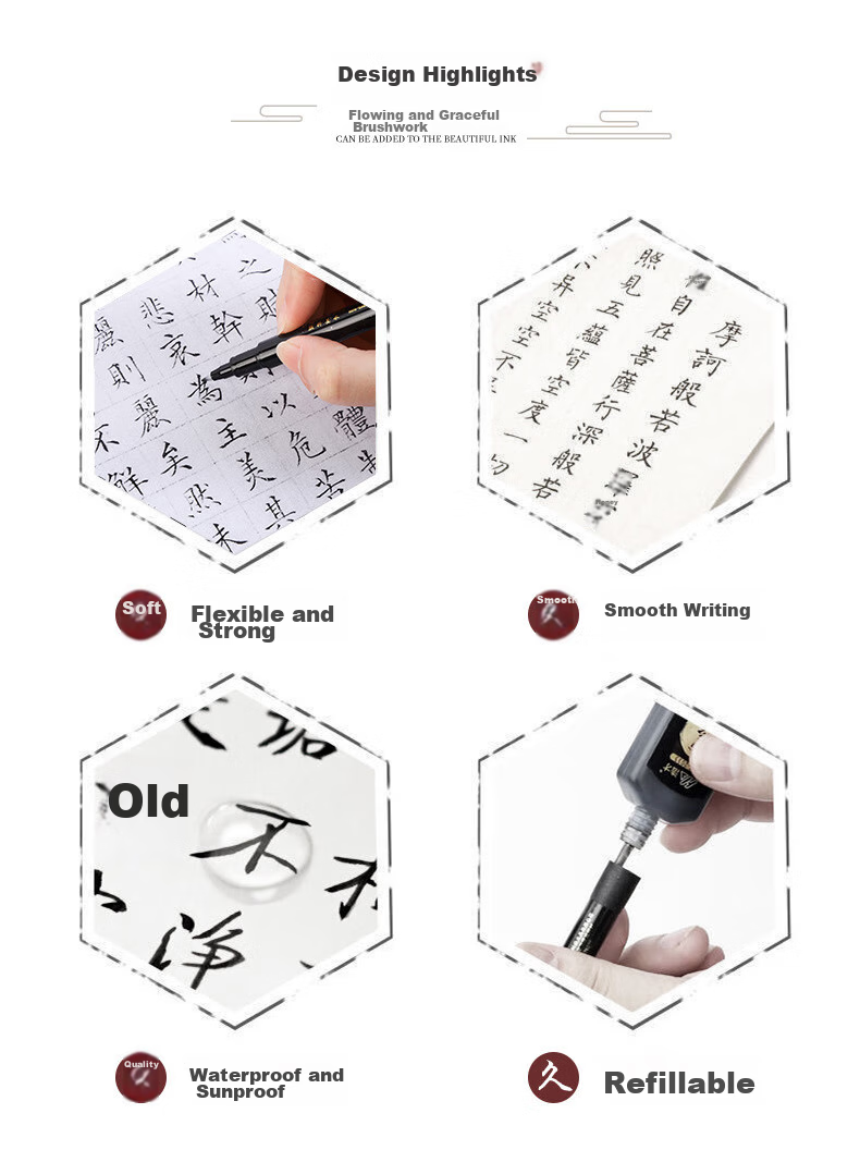 Touch Fish Calligraphy Practice Set with Soft Brush Pen, Signature Pen for Small, Medium And Large Regular Script, Hard Pen Style, Fountain Pen-Like Brush Pen for Beginners, Elementary School Students, Soft Tip, 4-Piece Set 2