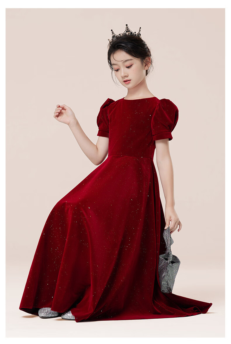 Yinuofang Children's Formal Long Dress, Wine Red, Children's Day Performance Dress, Princess Gown, Wine Red Puff Sleeves, Size 130 14