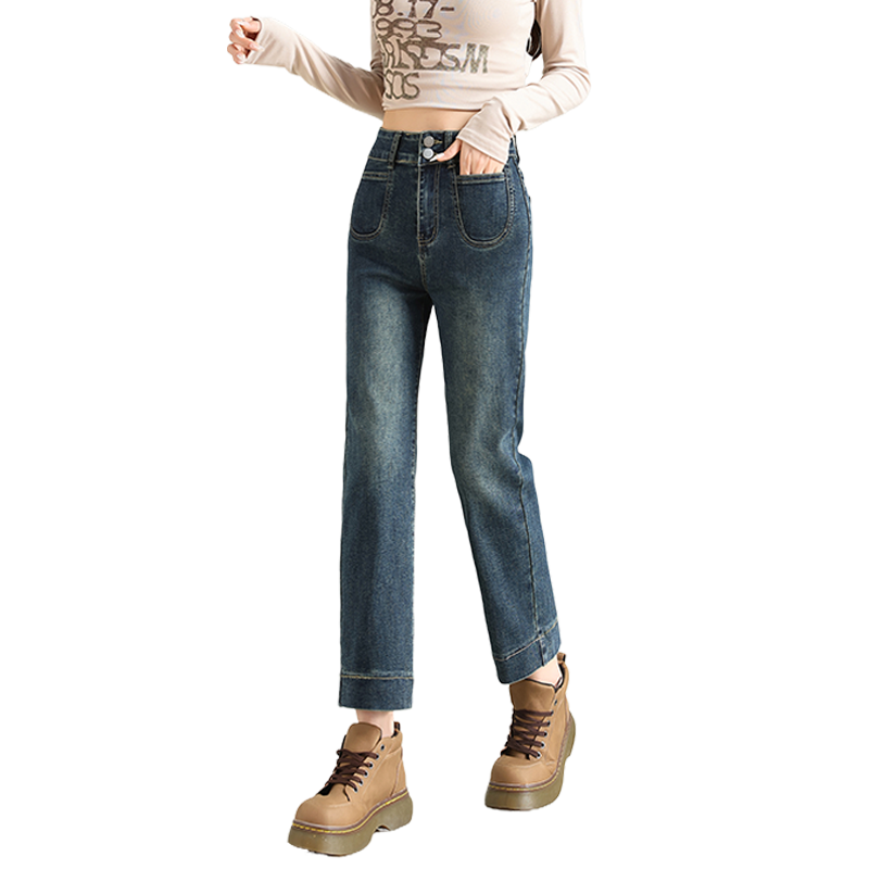 LangSha Women's Straight-Leg Jeans Spring and Autumn Thin High-Waist Slim Fit Petite Casual Wide-Leg Cigarette Pants