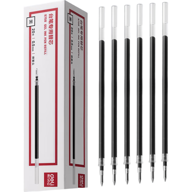 Deli Retractable Gel Pen Refills, Pen-Specific Refills 0.5mm Spring Tip, Black, 20 Pieces/box S758, for College Entrance Exam