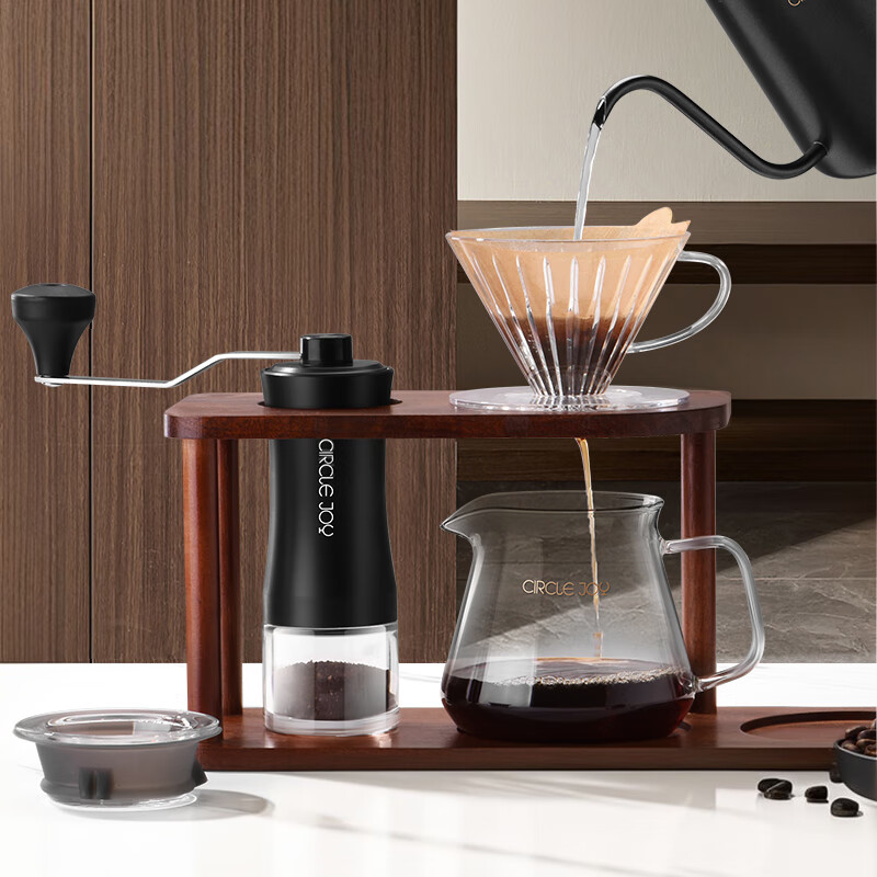 Circle Joy Pour-Over Coffee Maker Set, Hand Grinder Coffee Machine, Manual Coffee Bean Grinder, Wooden Storage Rack, 10-Piece Set