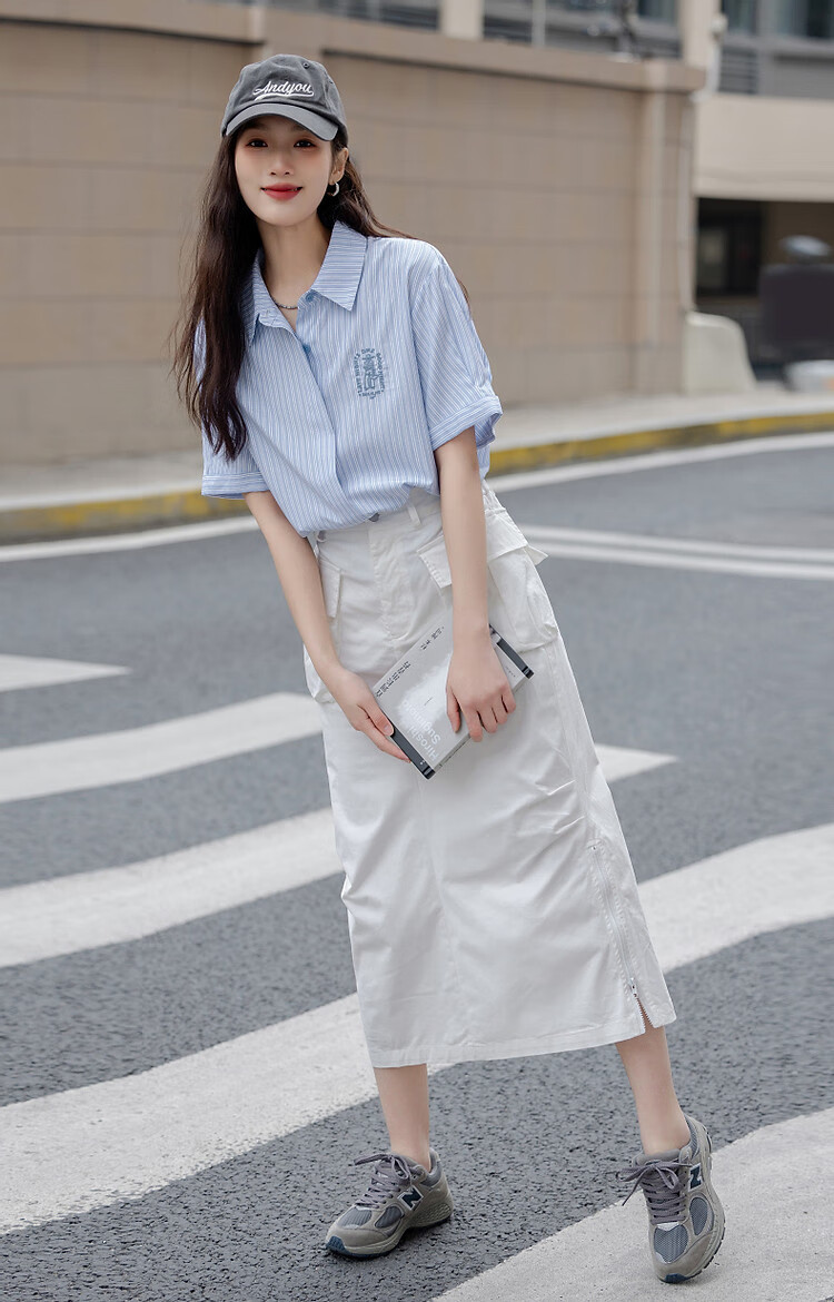 Dme [Youfeng De Yuandu] Xiaqingyang Academy Style Shirt, Striped Letter Embroidery, Comfortable Concealing Blouse, Women's Top 7
