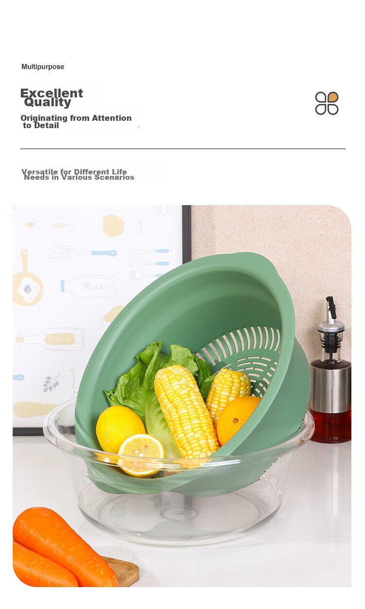 Bayco Vegetable Washing Basket, Draining Basket, Double-Layer Vegetable Washing Basin, Rice Washing Draining Basket, Strainer Basket, Fruit Washing Colander, Medium-Sized BX5240 14