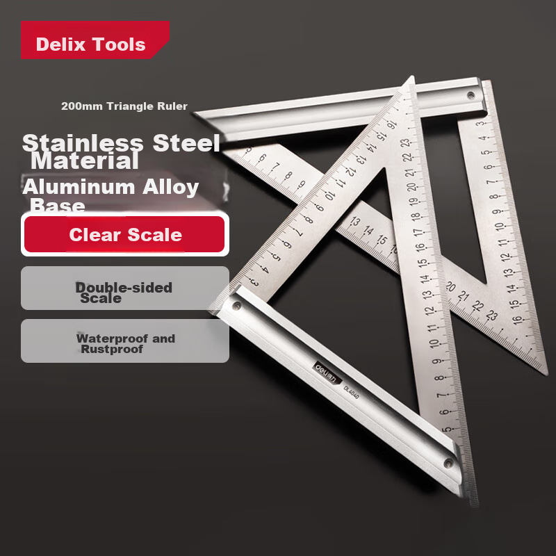 Deli Stainless Steel Right Angle Ruler, Triangular Ruler, Measuring Ruler for Steel Plates, Thickened 45-Degree Steel Plate Ruler, 200mm