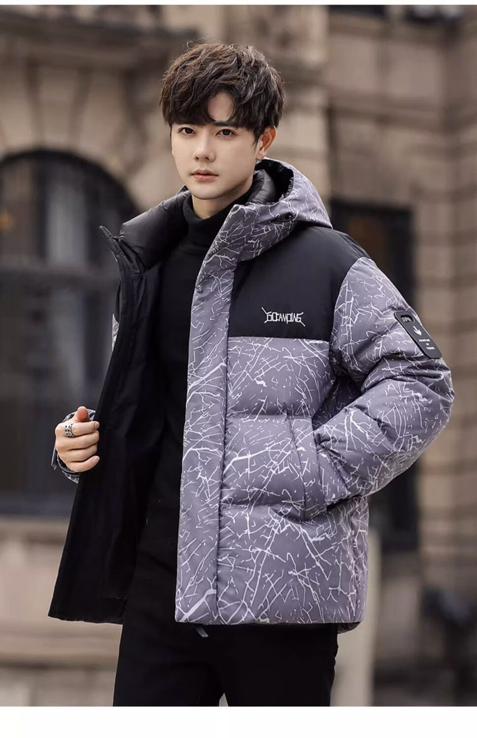 YAYA Wang Yibo Same Style down Jacket, Men's Short Hooded Coat, 2025 Winter New Year Patchwork Color-Block Duck Down Outerwear 19