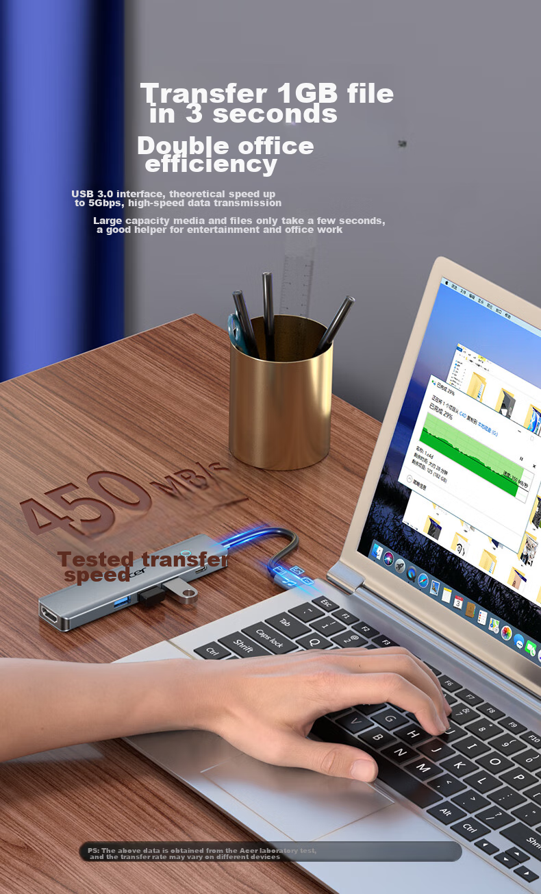 Acer Type-C Expansion Dock, USB3.0 Hub, HDMI Adapter, 4K Screen Mirroring, PD Charger, Compatible with MacBook And Huawei Computers, Five-In Converter 7
