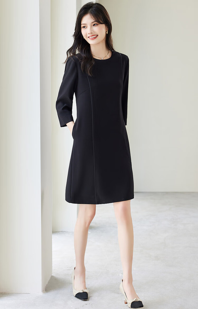 Dme [Modern Women] Spring And Autumn Commuter Round Neck Slim-Fit Three-Quarter Sleeve Elegant Midi Dress for Wome 14