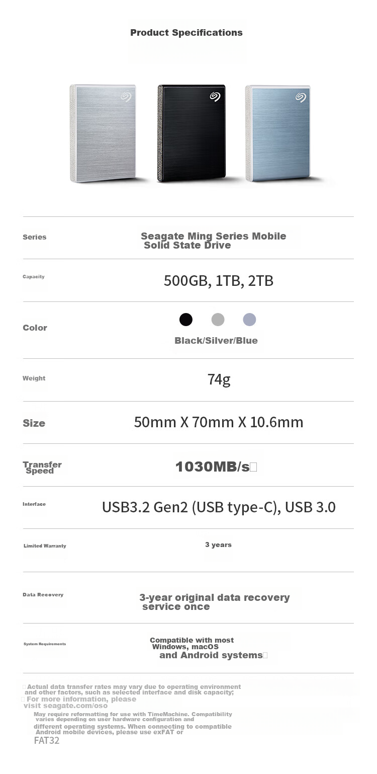 SEAGATE Solid State Portable Hard Drive, 2TB PSSD, USB3.2, SEAGATE Ruiyi, Mini Compact, High-Speed Transfer, Portable And Compact, 3-Year Warranty 12