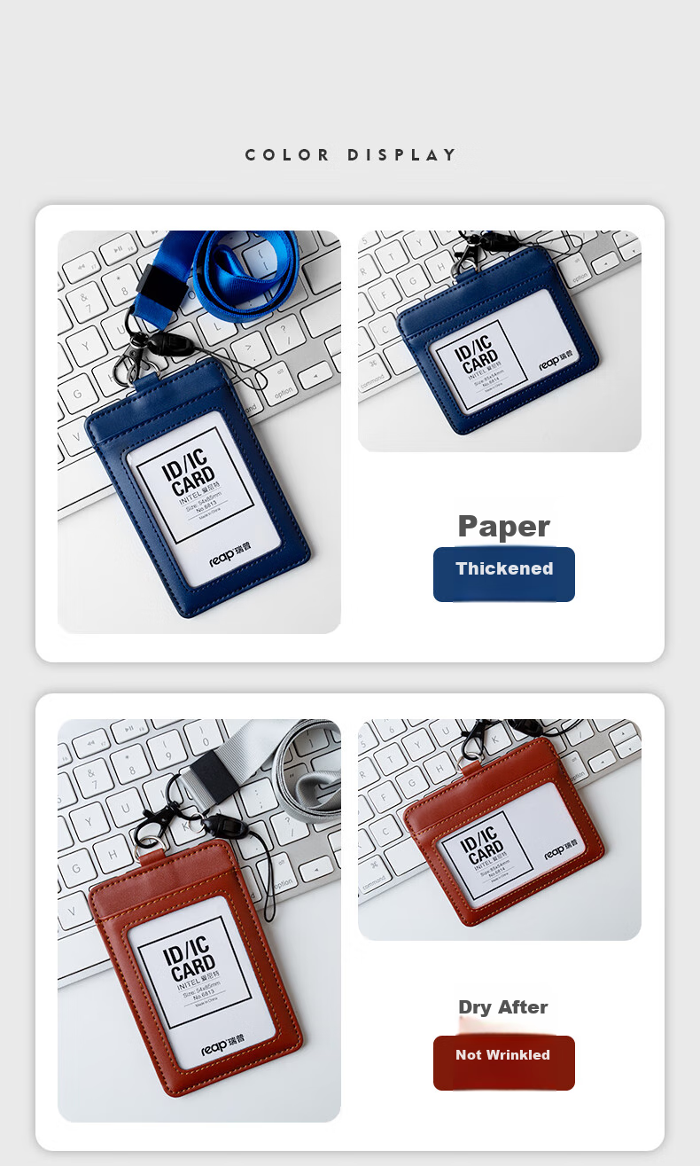 Reap Genuine Leather Work Badge, Corporate Employee ID Card Holder, Document Case with Storage Slots, Neck Strap Badge, Conference Access Card, Work ID Holder, Cowhide Material, Customizable, Dark Blue Vertical Style 6813 8