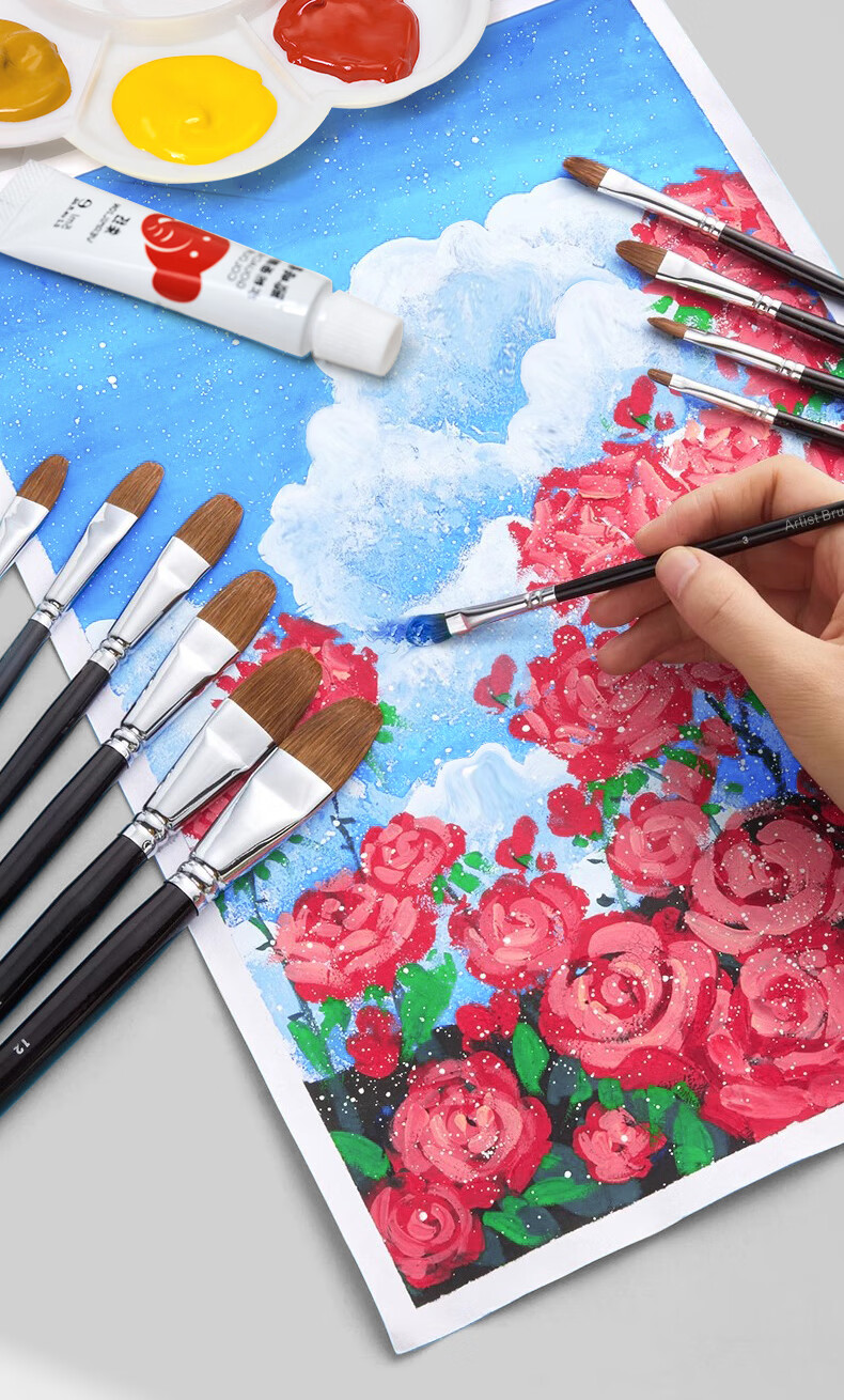 Meibang Qifu Wolf Hair Gouache Watercolor Oil Painting Acrylic Brush Set for Beginners Long Handle Flat Brushes #1-3-5 Art Student Special 10