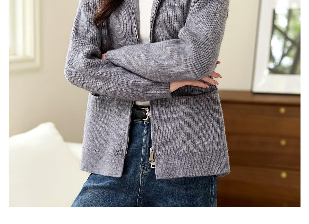 PinCai Women's Knitted Cardigan Autumn Winter Double Zipper Thickened Lapel Sweater Jacket P144Z9019 21
