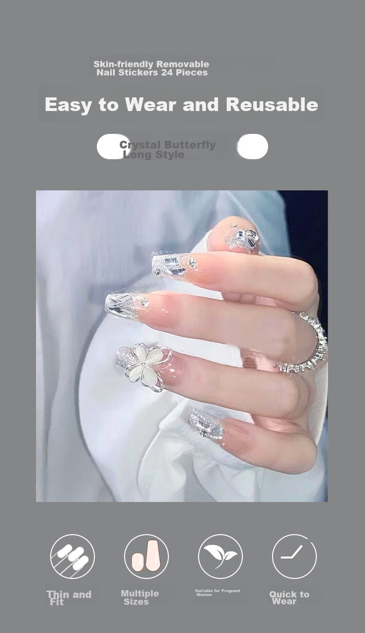 Meifuyu Nail Stickers (Crystal Butterfly), Long Fake Nails, Jelly Gel Removable, with Tools, MF8247 1