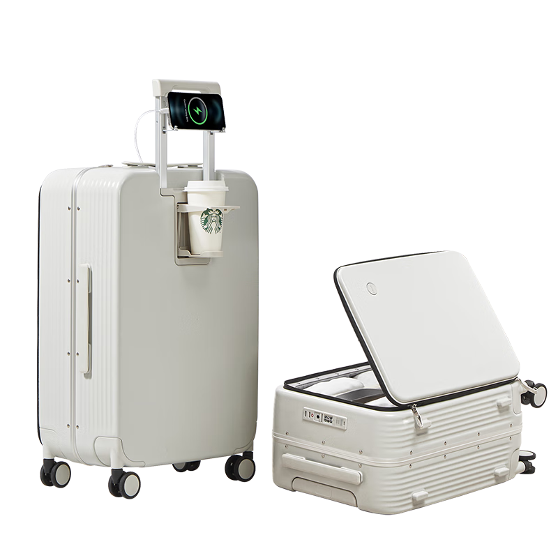 Mixi Multifunctional Aluminum Frame Trolley Luggage Large Capacity Side-Opening Travel Suitcase Men Women 20-inch Smoke White