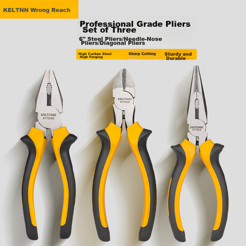 KELTONN Pliers Set of Three: 6-Inch Tiger Pliers, Needle-Nose Pliers, Diagonal Pliers, Side-Cutting Pliers, Wire Cutters Combination Household Tools