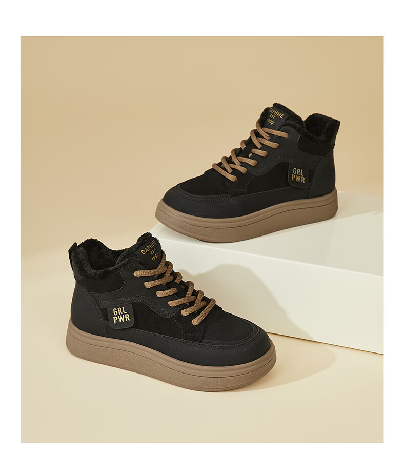 DAPHNE Premium Thick-Soled High-Top Sneakers for Women, Fashionable Versatile Fleece-Lined Warm Cotton Casual Shoes, Black, Size 38 10