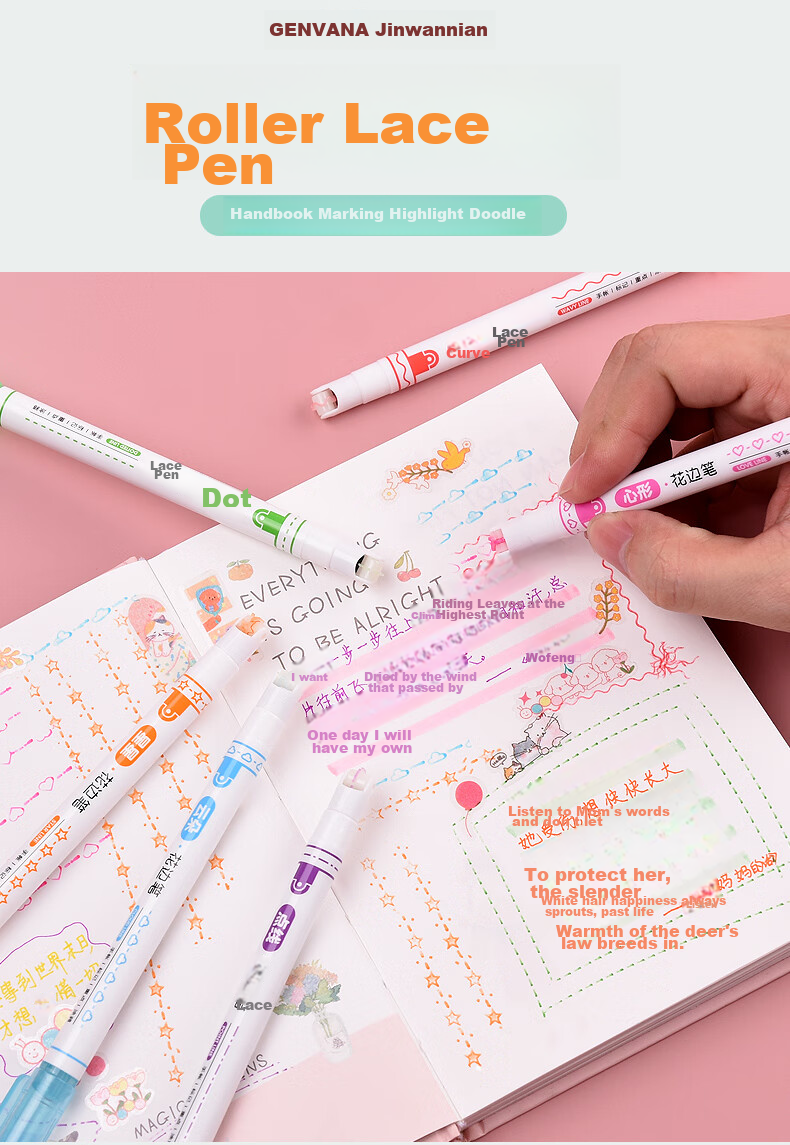 Genvana 6-Color Floral Pattern Outline Pen, Curved Pen, Highlighter, Embossing Pen, Marker Pen for Students, Decorative Edging for Handwritten Reports, Colored Journal Decoration Pen G-0546 1