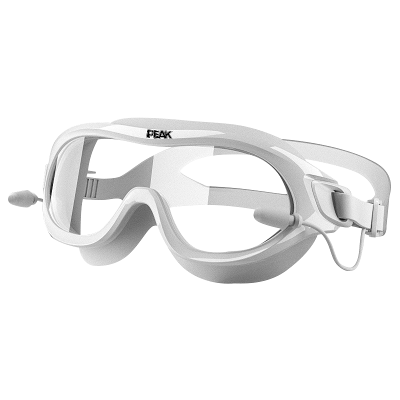 PEAK High-Definition Anti-Fog Waterproof Large Frame Integrated Earplugs for Men And Women, Adult Swimming Goggles, Large Frame for Myopia up to 6.00 Diopters, White