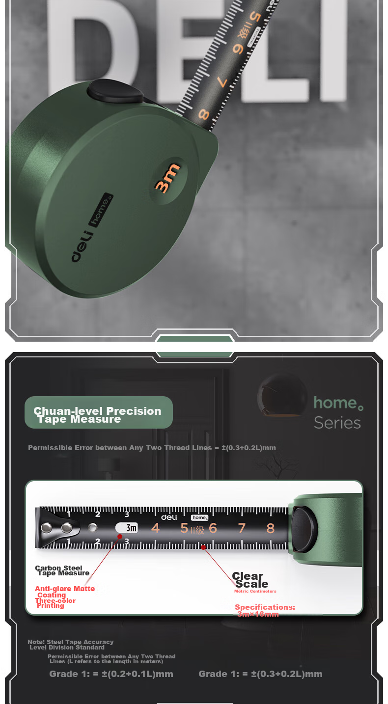 Deli Home Measuring Tape, Steel Tape Measure, Stylish Office Box Ruler, Retractable Ruler, Carpenter's Ruler, High-Precision Steel Ruler, 3m Jade Gree 5