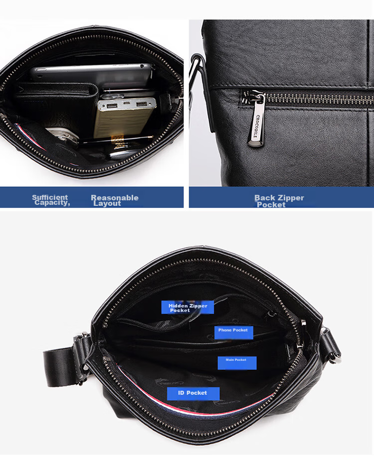 CROCODILE Top-Grain Leather Napa Texture Men's Business Vertical Shoulder Bag Crossbody Bag XT208 Black, Gift for Boyfriend 7