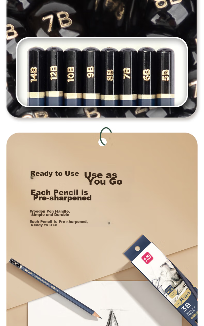 Deli Premium Drawing Pencils, 12 Pieces, 3B Sketching Pencils, Hexagonal Barrel Writing Black Pencils for Students, Art Sketching Engineering Drafting Pencils, Specialized for Beginners, Back-To Stationery 13