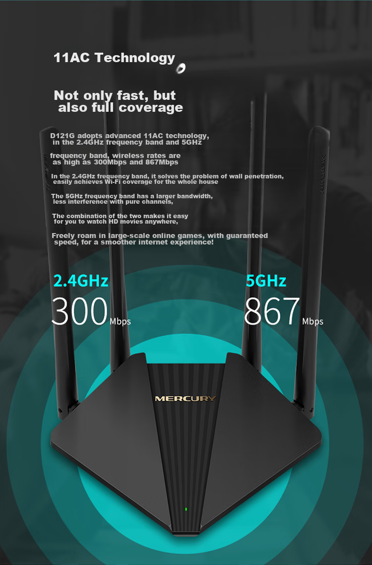 MERCURY D121G Router, 5G Dual-Band Wireless Full Gigabit Port, AC1200 Home Wall-Penetrating, Four-Antenna WiFi Signal Amplifier, High-Speed Fiber Gaming Router 5