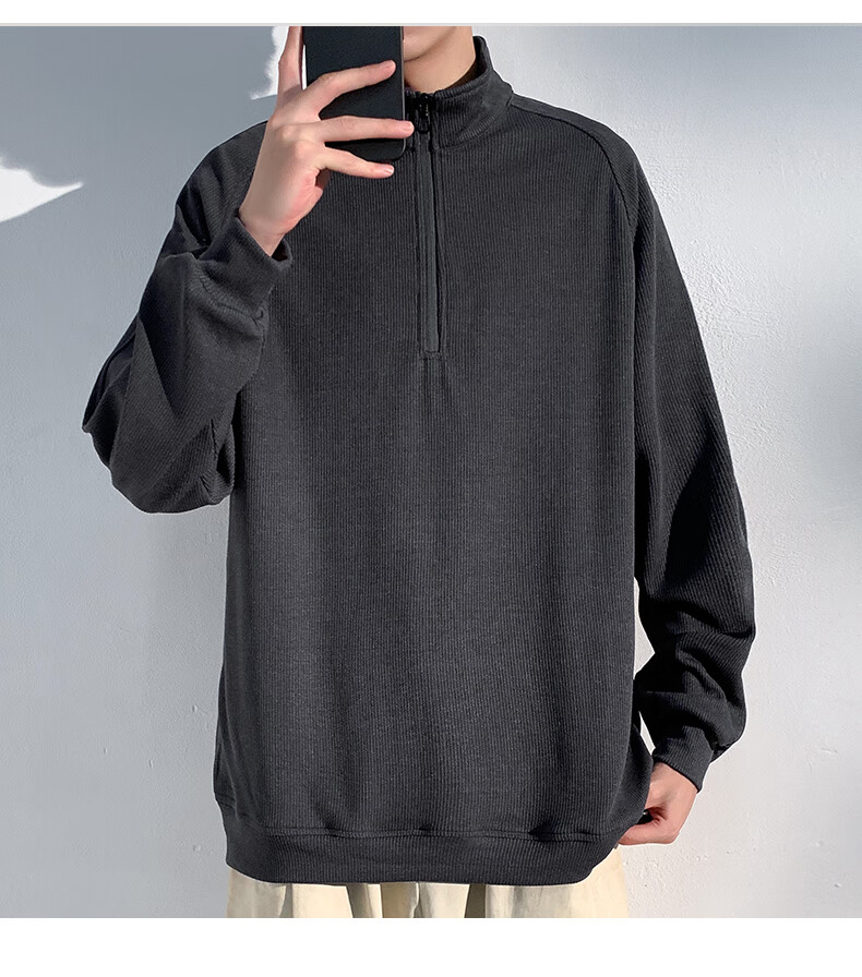 Homlean American-Style High-Quality Hoodie for Men, Autumn Loose-Fit Trendy Pullover Stand-Collar Half-Zip Base Layer HM06 Gray L 20