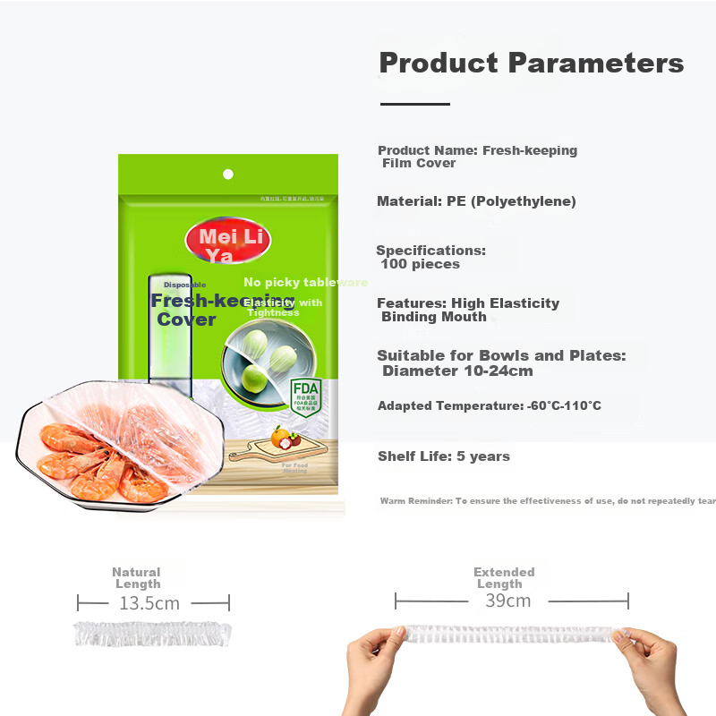 MARYYA Disposable Food Storage Bag Set, Food-Grade Plastic Wrap Covers 100 Pieces, Self-Sealing Fresh-Keeping Covers Microwave Safe