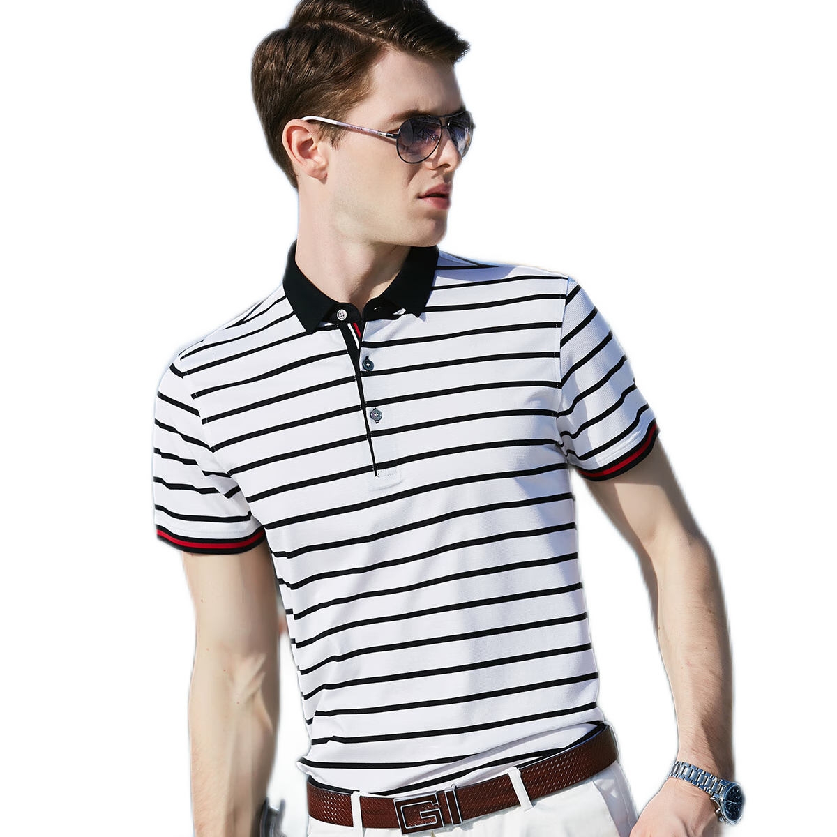 Andongniao [11.4% Mulberry Silk + 88.6% Cotton] Men's High-End Short-Sleeve Polo Shirt, Summer Contrasting Striped Short-Sleeve T-Shirt