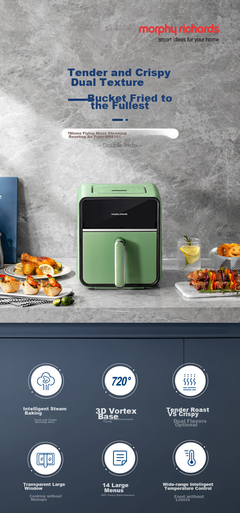 Morphyrichards Air Fryer, Home Use, 4L Large Capacity, Transparent View Window, Built-In Lamp, Smart Steam Function, Variable Frequency Temperature Control, Chicken Wing Frying Machine, MR8101 White 2