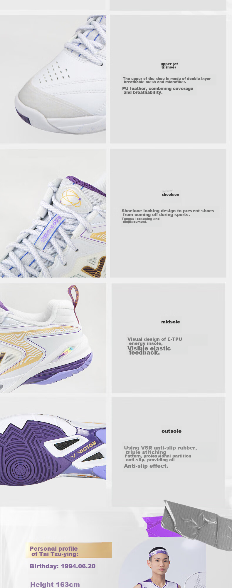 VICTOR Dai Ziyi's Full-Range Air Cushion Badminton Shoes 9200TTY (Pearl White), Size 37 3