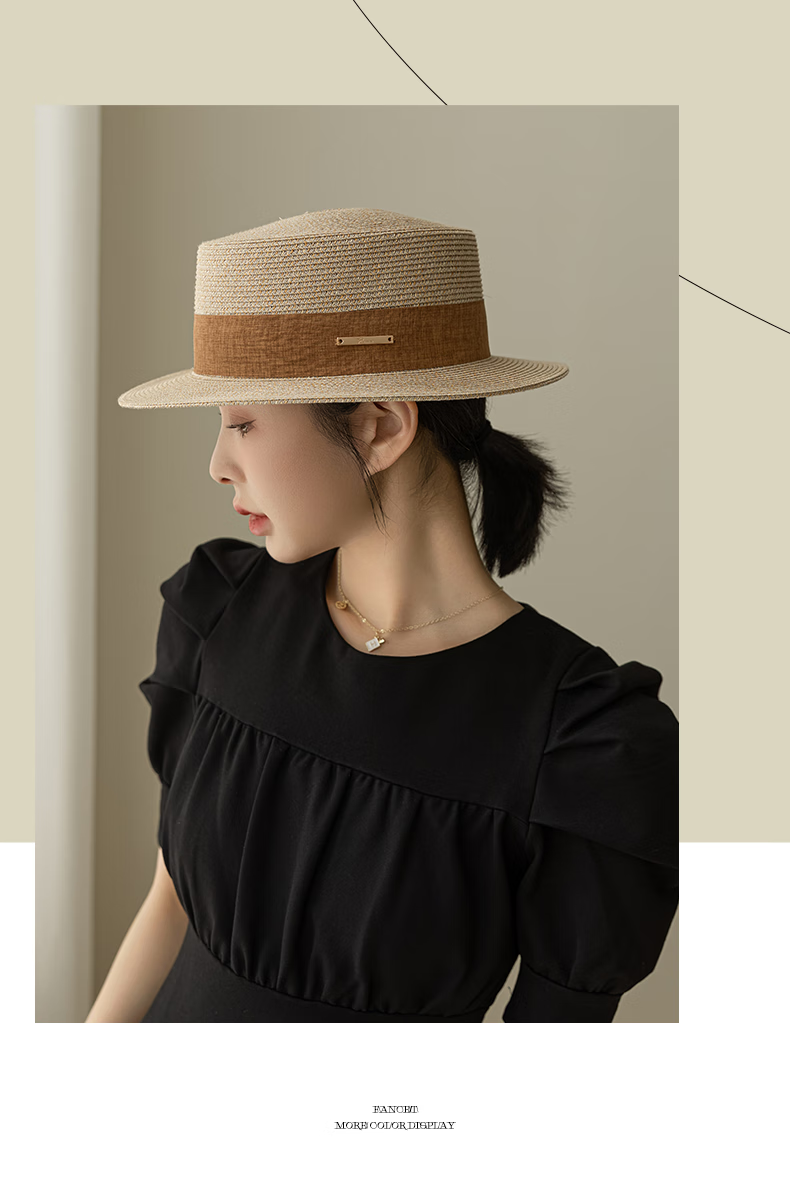 FANCET Flat-Top Straw Hat for Women, Summer Lightweight Luxury Elegant Sun Hat, Beach Vacation Sandal Straw Hat, Japanese-Style Woven Straw Hat 12