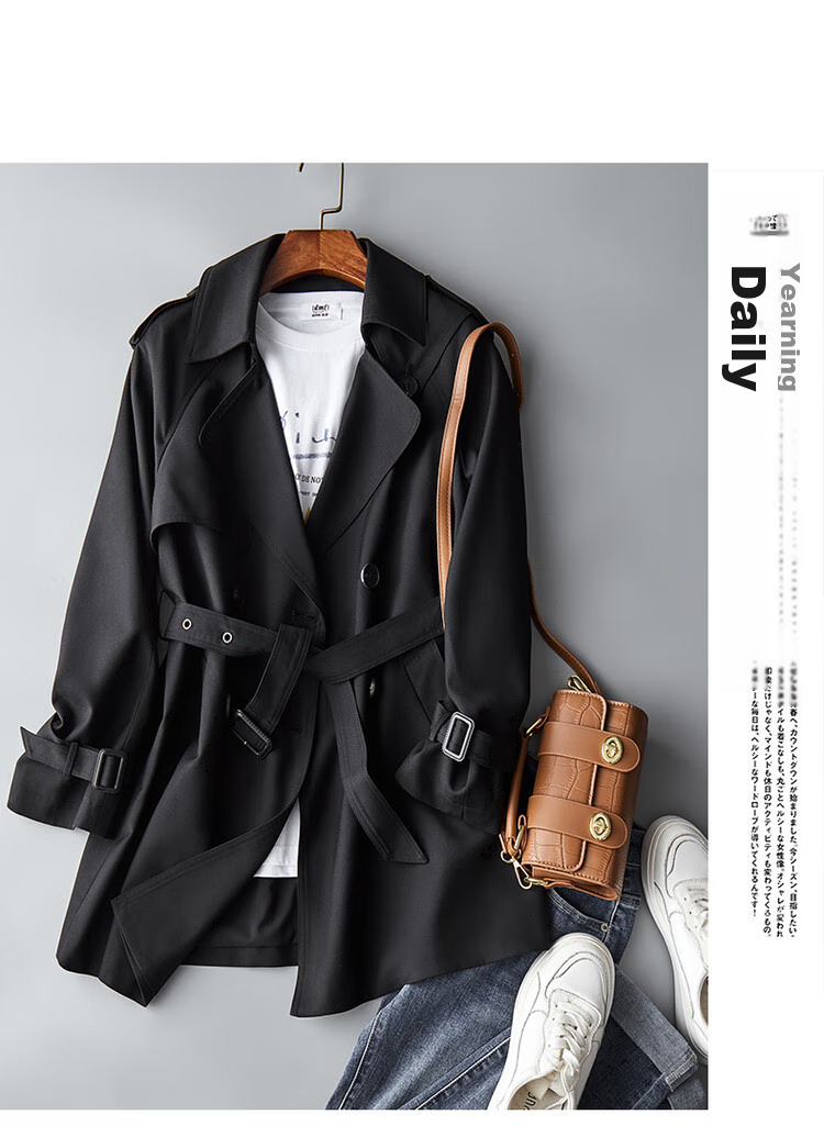 Dme Double-Breasted Trench Coat, Spring And Autumn Suit Collar H-Type Double-Breasted Long-Sleeve Trench Coat for Women, Mid-Length Style, Deep Khaki, S 10