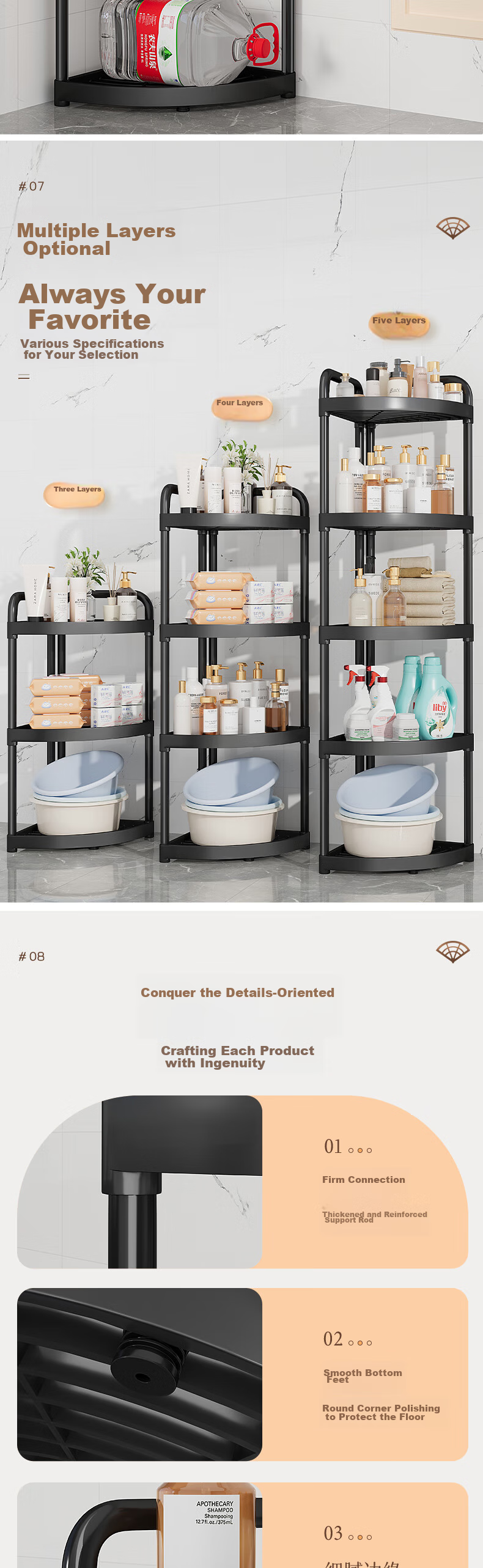 Shunyou Bathroom Storage Rack, Floor-Standing Shower Triangle Shelf, Corner Organizer, White, Five-Tier SY-151 6