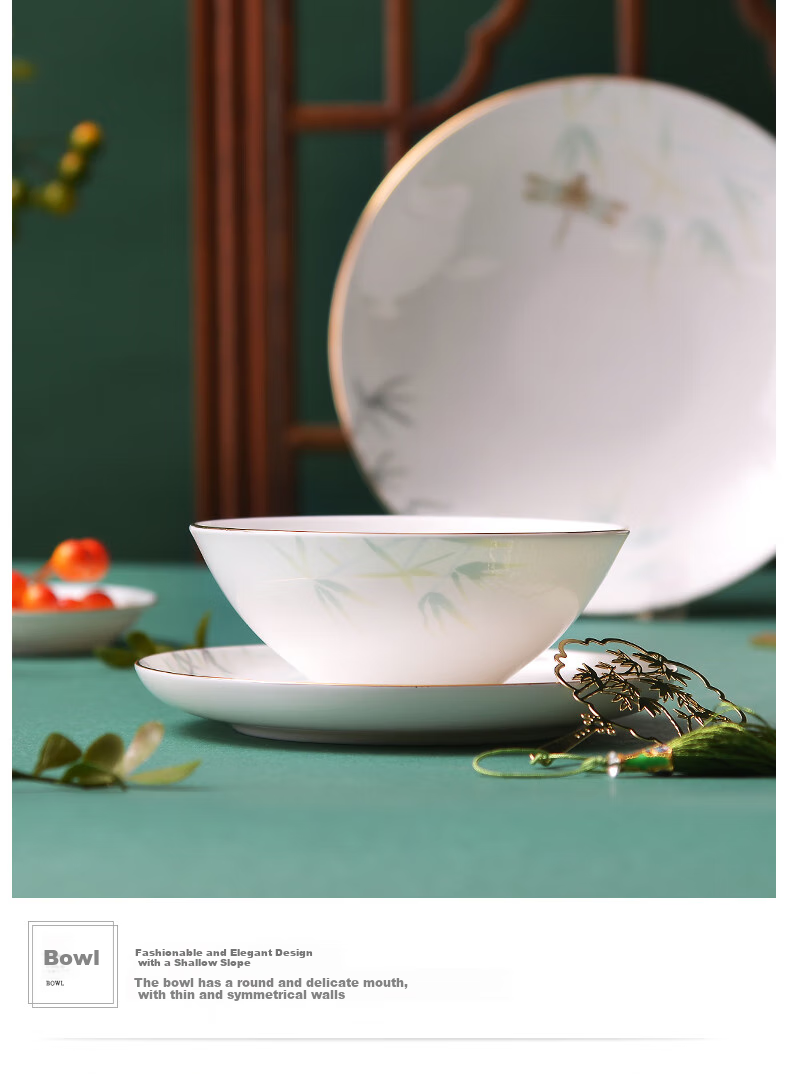 HG Guoci High-Temperature Glazed Bone China Dinnerware Set, Light Luxury Gold-Rimmed Qingting, 6 People, 32 Pieces 9