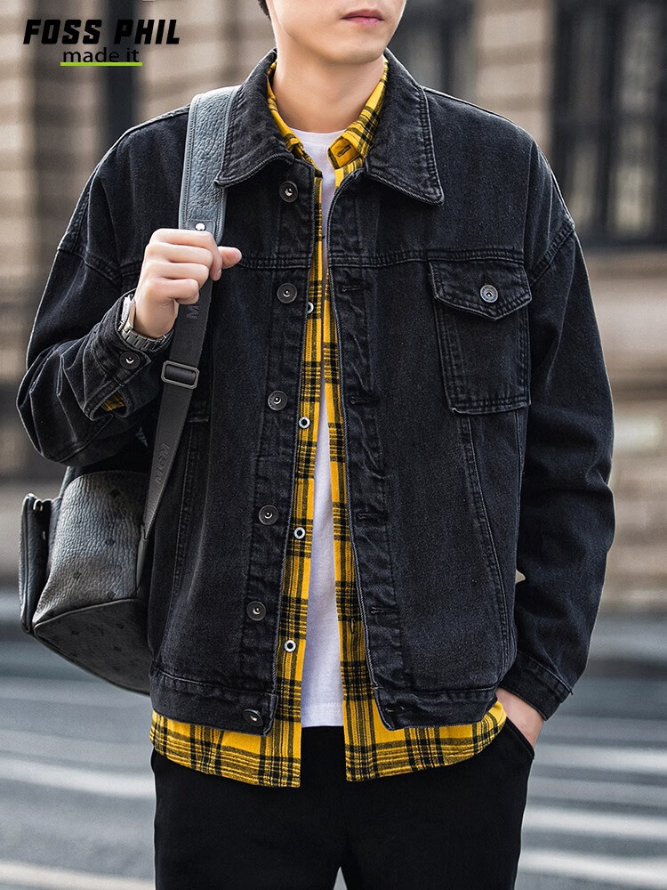 Foss Phil Men's Denim Jacket, Spring And Autumn Casual Retro Trendy Loose Fit Hong Kong Style Workwear Jacket Top FPJK4 Black XL 18