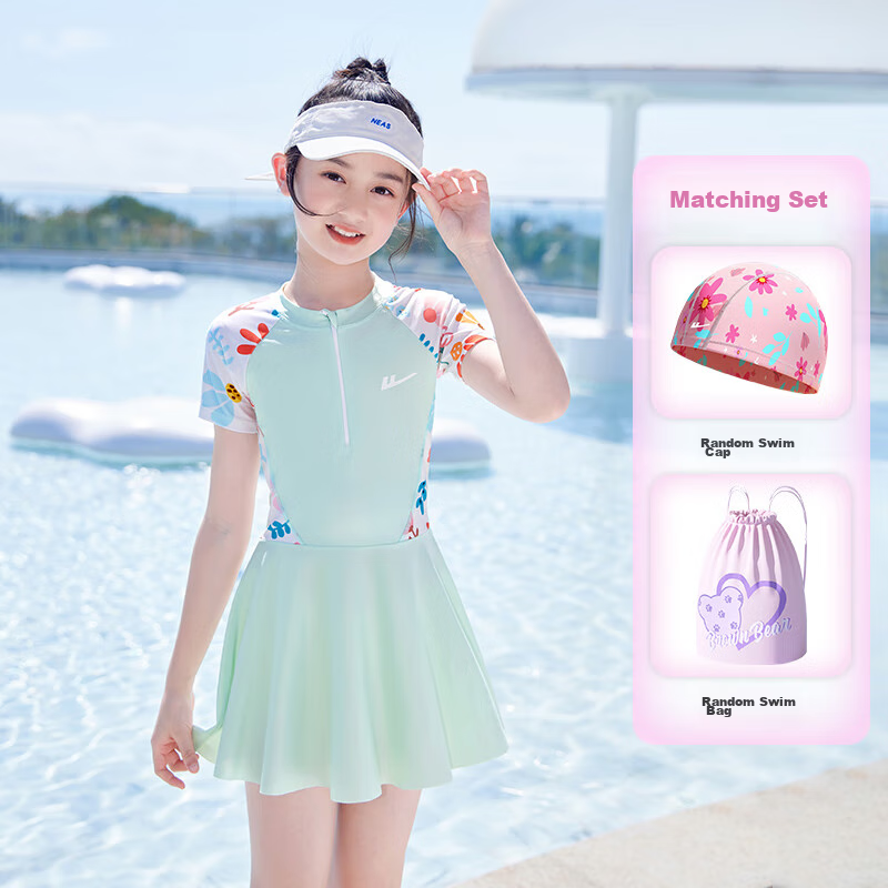 Huili Children's Swimsuit, Girls' One-Piece Dress, for Older Kids, Quick-Drying Swimming Pool Set for Girls, Three Pieces, 34020 Green, Size L
