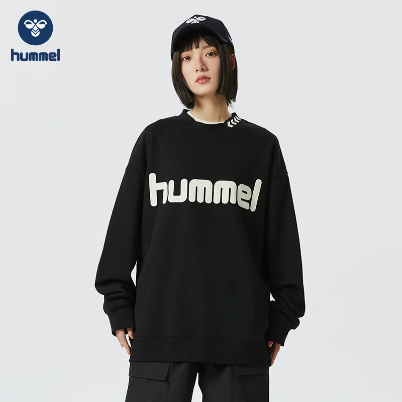 Hummel Spring And Autumn Heavyweight Sweatshirt for Men And Women, Couple Outfit with Embroidery, Loose-Fitting Round Neck Top for Spring, Base Layer, Black, S
