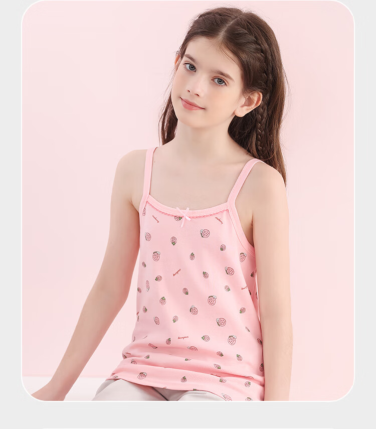 LangSha Children's Tank Tops, Girls' Summer Thin Cotton Undershirts, Camisoles for Young Girls, 2-Piece Set, Strawberry Girl Design, Size 110 9