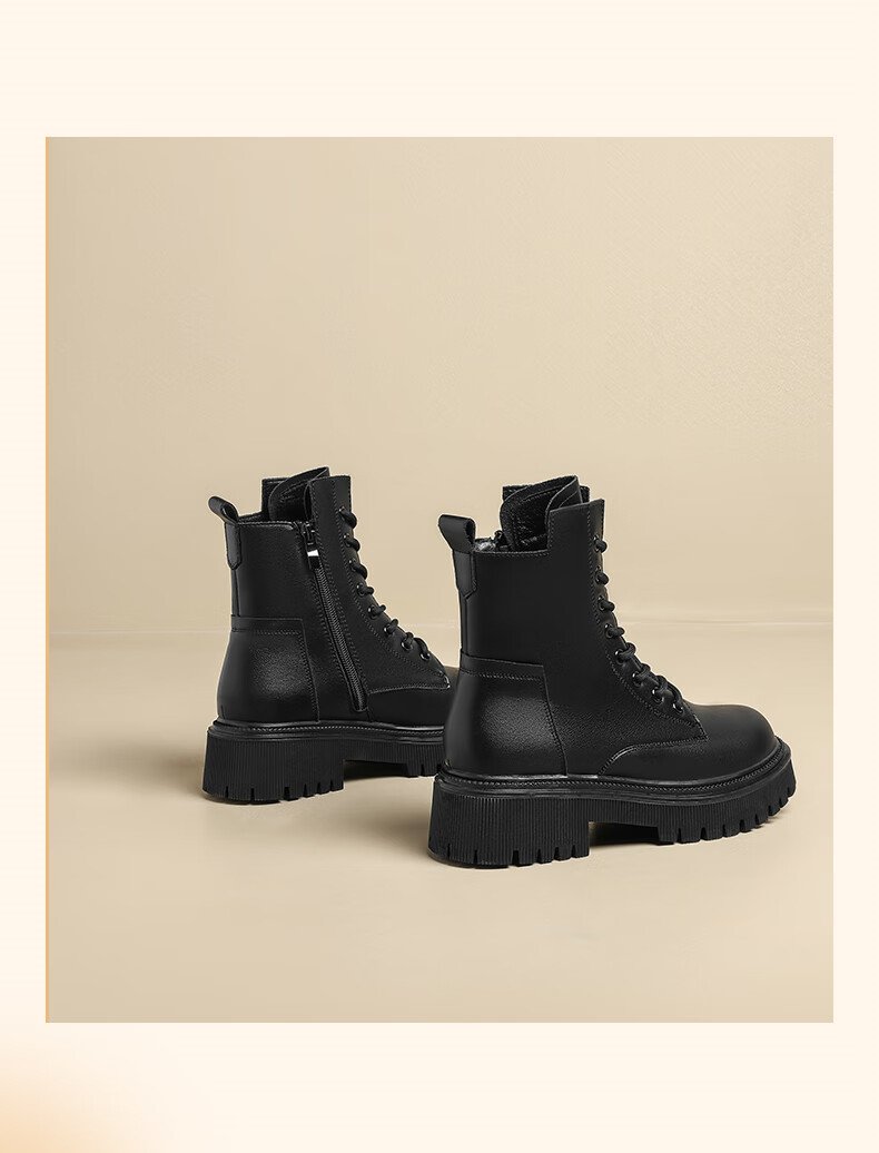 DAPHNE Black Martin Boots for Women, 2025 Autumn And Winter Fleece-Lined Leather Boots, Thick-Soled British Style Heightening Boots, Ankle Boots 6