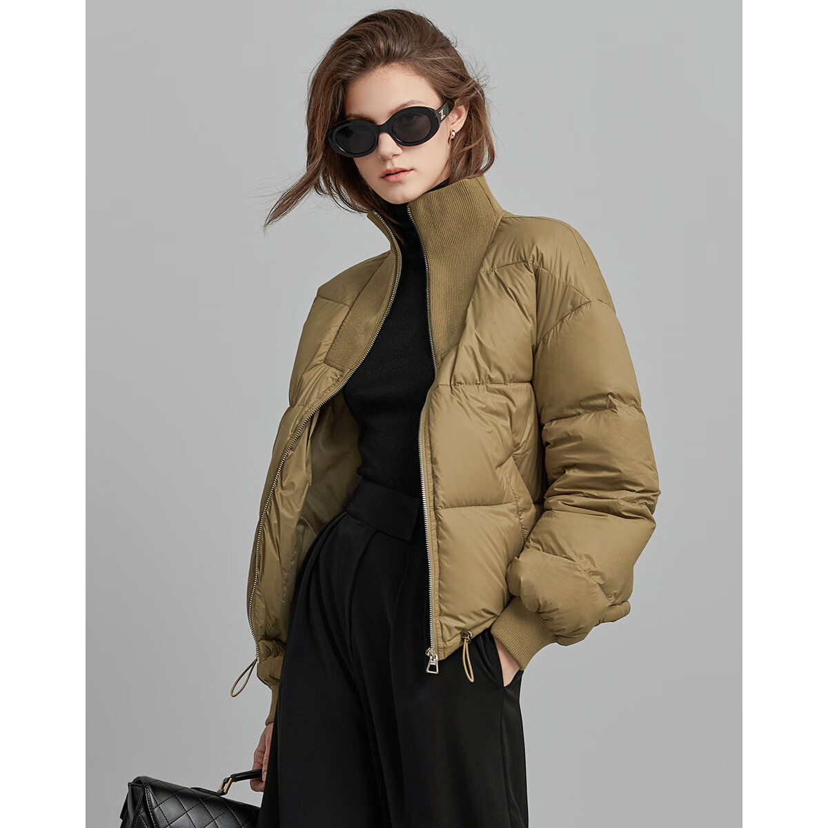 Dme [Tade Xie Erxing] Winter Stand-Collar 90% Duck Down Outdoor Long-Sleeve down Jacket for Women, Short Style, Deep Khaki, XS