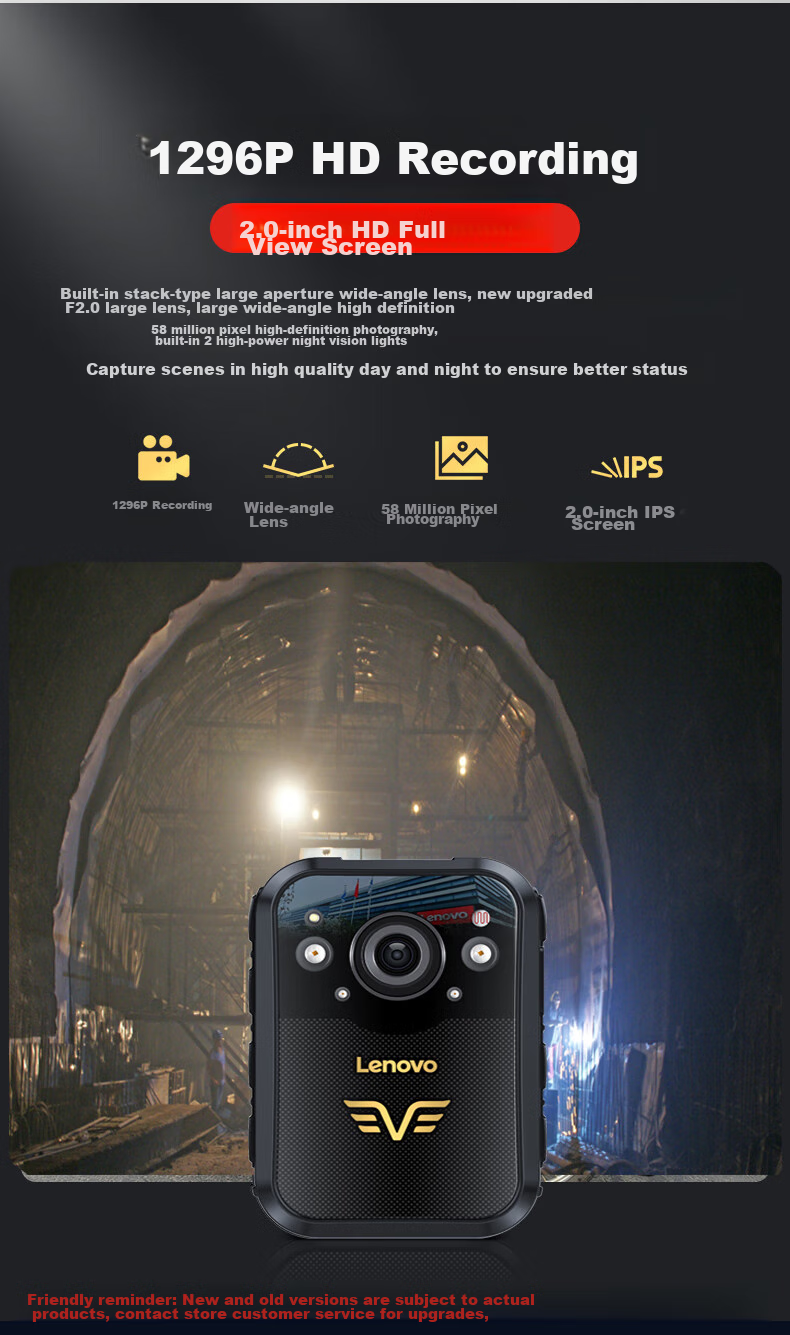 Lenovo Body-Worn Camera, Explosion-Proof, High-Definition Infrared Night Vision, 58 Million Pixels, Miniature Video Evidence Recording, DSJ-2W, 64GB 7