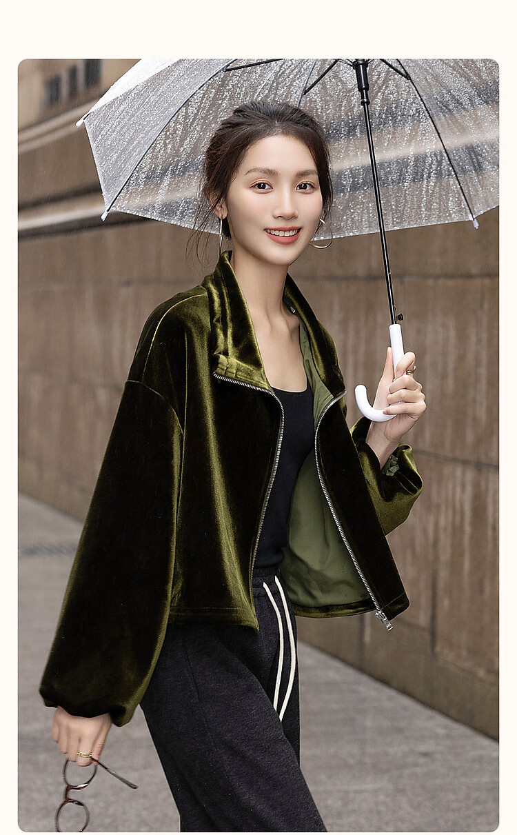 Demana Modern Luxury Spring Autumn Glossy Elegant Velvet Stand Collar Lantern Sleeve Adjustable Drawstring Hem Jacket for Women 1